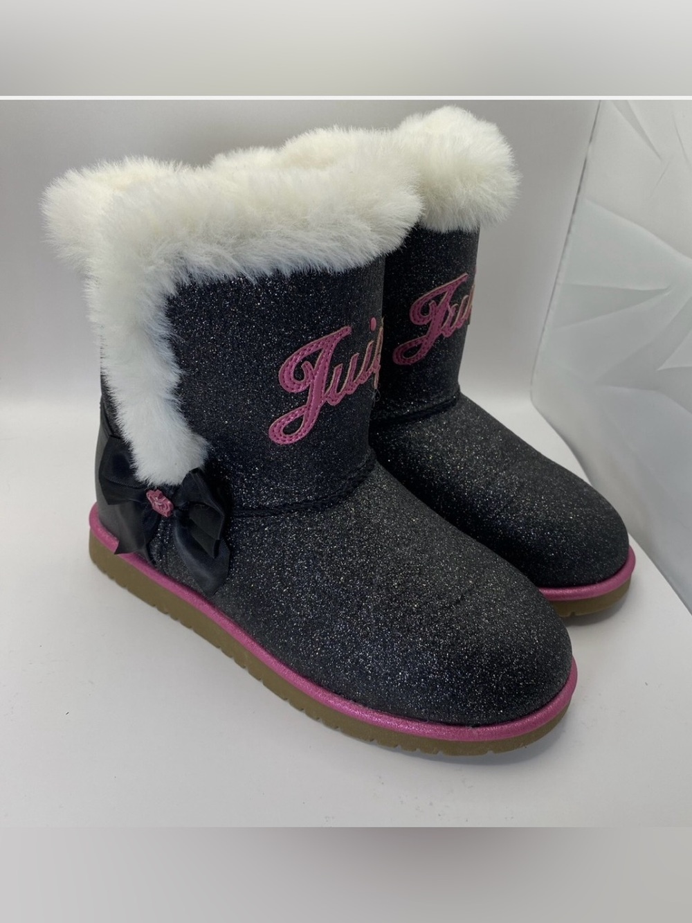 Juicy Couture Black Glitter Faux Fur Logo Boots with Pink Accents